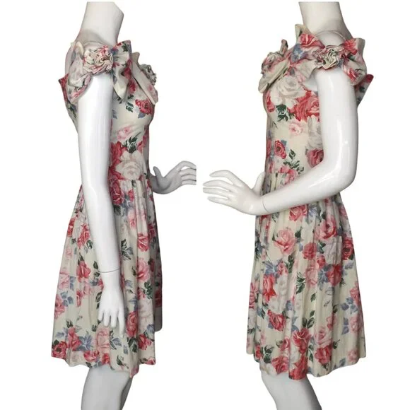 JESSICA MCCLINTOCK/GUNNE SAX Dress, XS, Pink/red floral, Open Shoulder/Bows - Picture 8 of 11